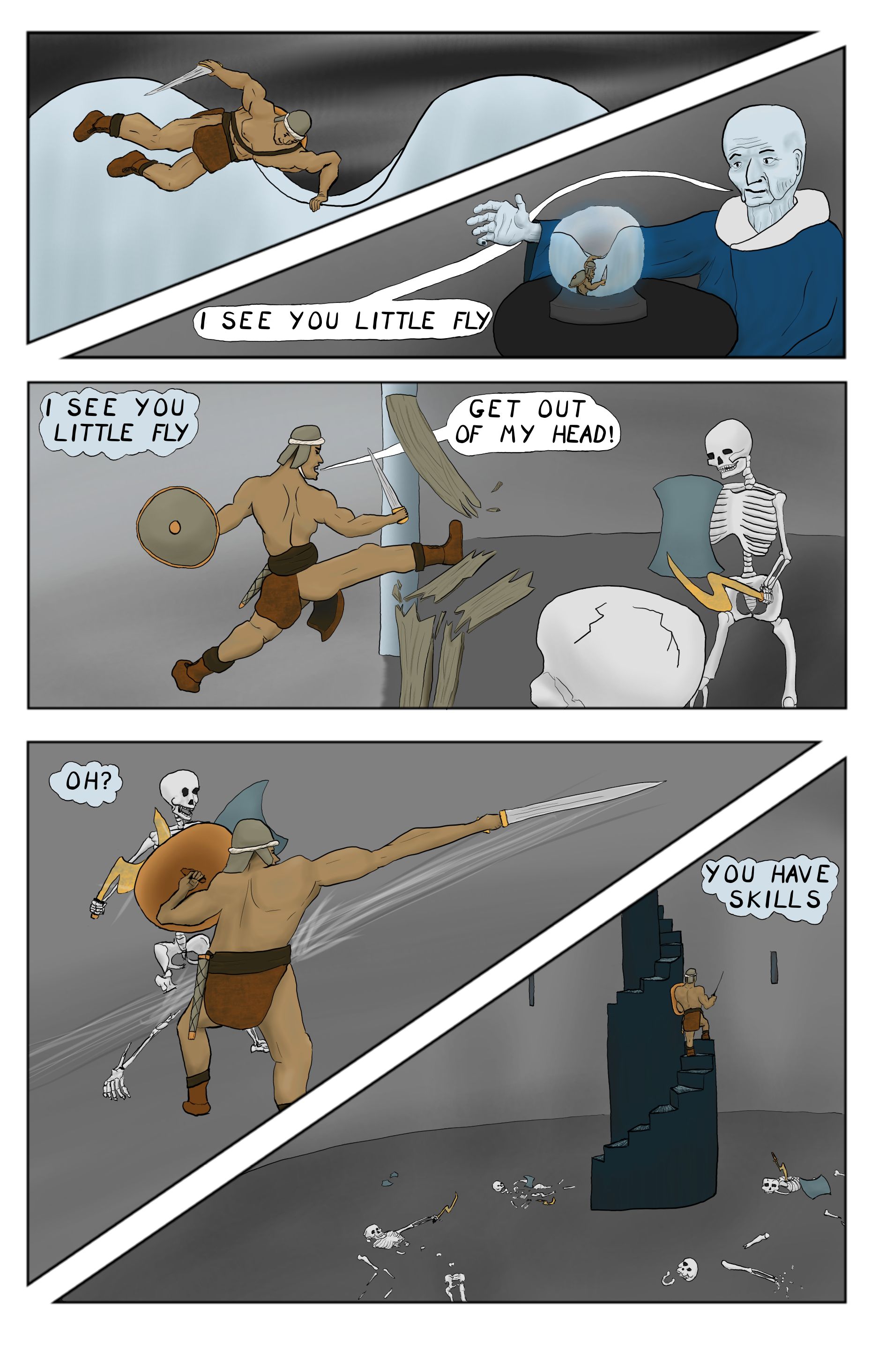 A comic featuring a barbarian jumping over a wall being observed by a sorcer in his crystal ball. The barbarian then kicks in a door and defeats animated skeletons