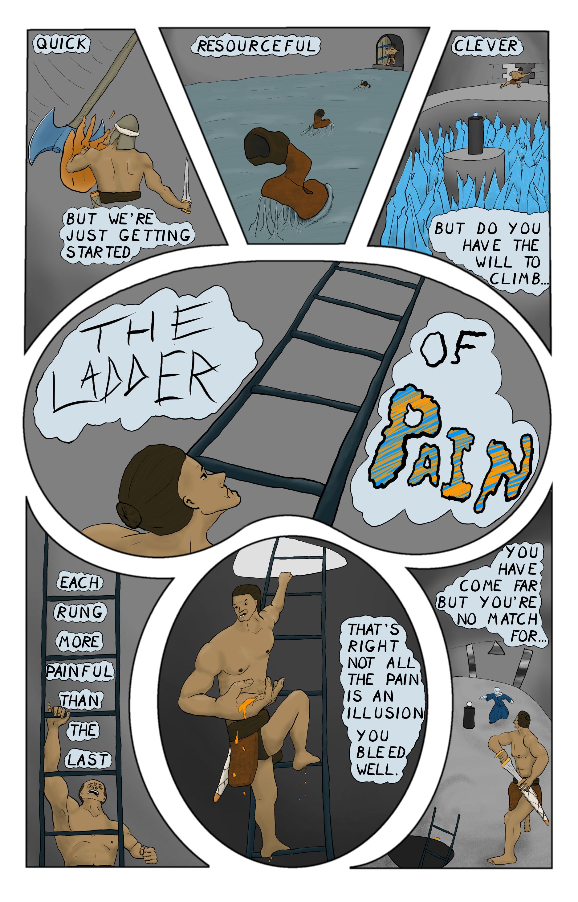 A comic featuring a barbarian facing challenges that include an ax headed pendulum, a glue covered floor, a decoy orb and and a ladder of pain. The final panel is him drawing his sword to finally face the sorcerer.