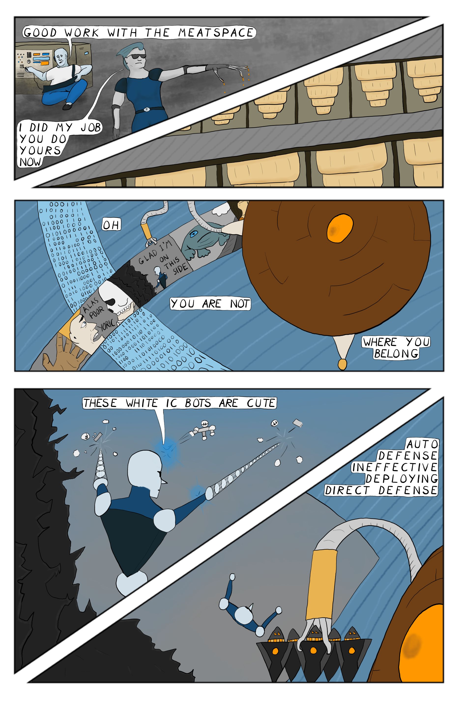 A comic featuring a decker thannking a street samari as he pluggs into a jack. An AI is seen finding the deckers avitar and deploying Intrution Countermeasures after the decker easily takes care of the automated defenses.