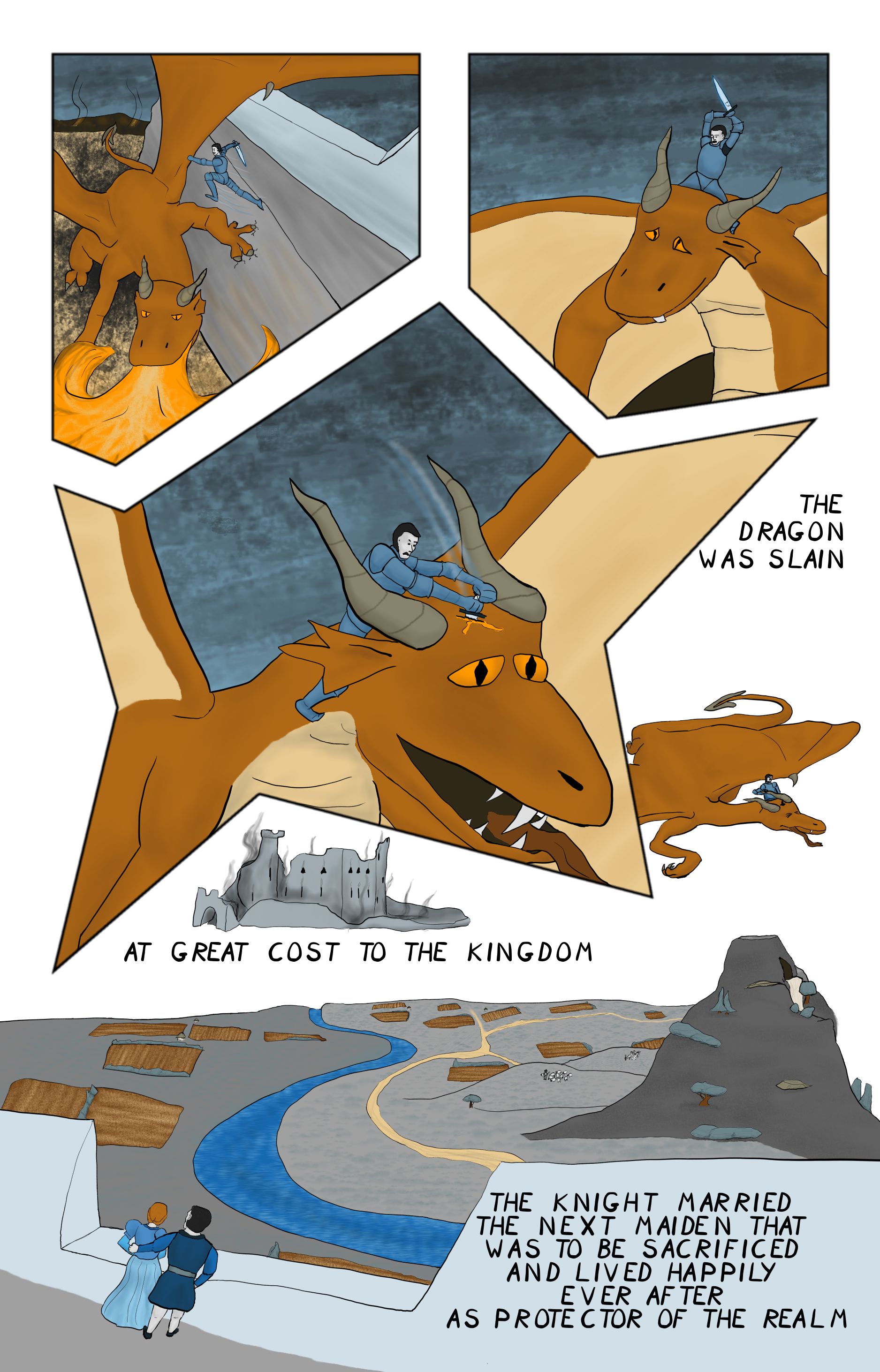 A comic featuring a knight jumping onto the neck of a dragon and thrusting his enchanted sword into the dragon's skull, as well as an afterward scene showing the knight with a lady looking over a peaciful kingdom.